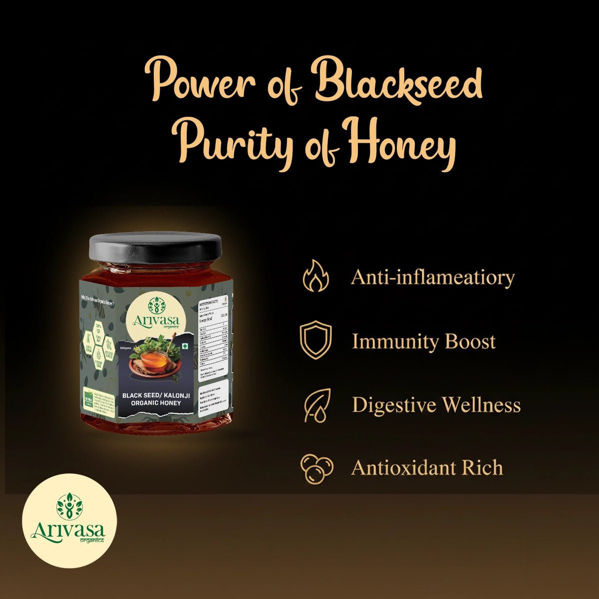 Arivasa Organics Blackseed/ Kalonji Honey | Pure, Raw & Unique - Arivasa Organics - 500 gms - 