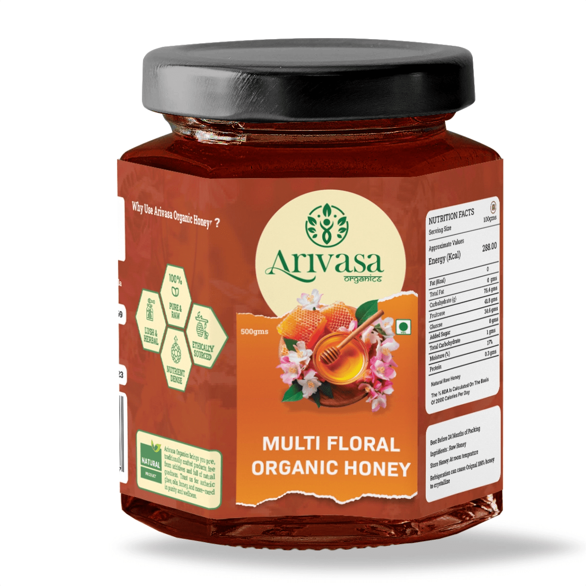 Organic Multi Floral Honey | Pure, Natural & Lab - Tested - Arivasa Organics - 500 gms - 