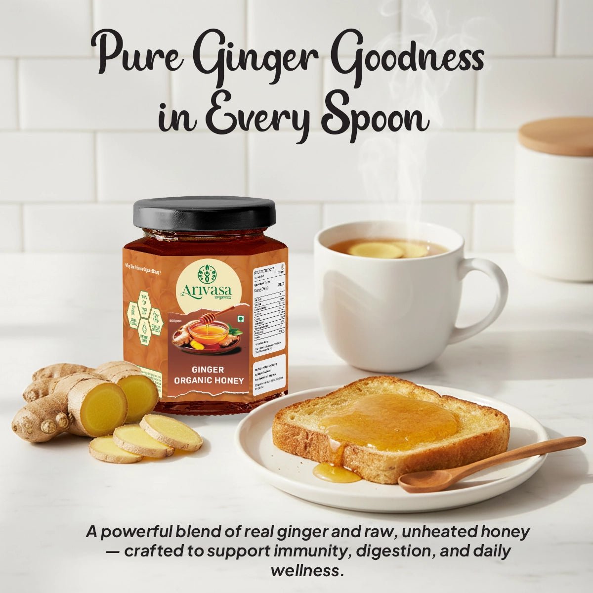 Organic Ginger Honey | Pure, Natural & Lab - Tested - Arivasa Organics - 500 gms - 