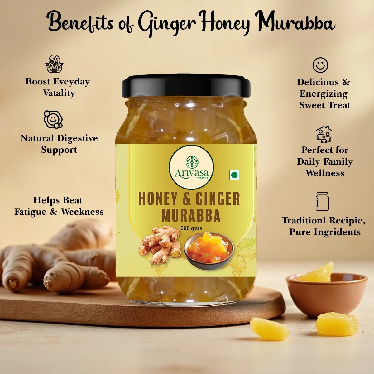Arivasa Organics Ginger Murabba | Honey - Sweetened & Handmade (Copy) - Arivasa Organics - 500 gms - 