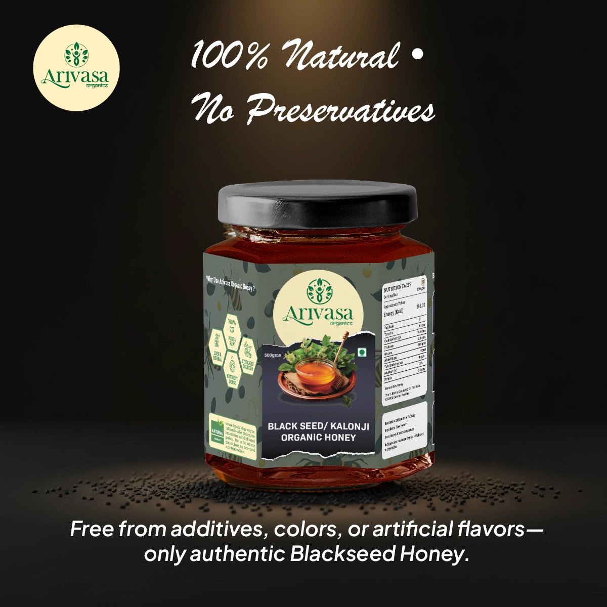 Arivasa Organics Blackseed/ Kalonji Honey | Pure, Raw & Unique - Arivasa Organics - 500 gms - 