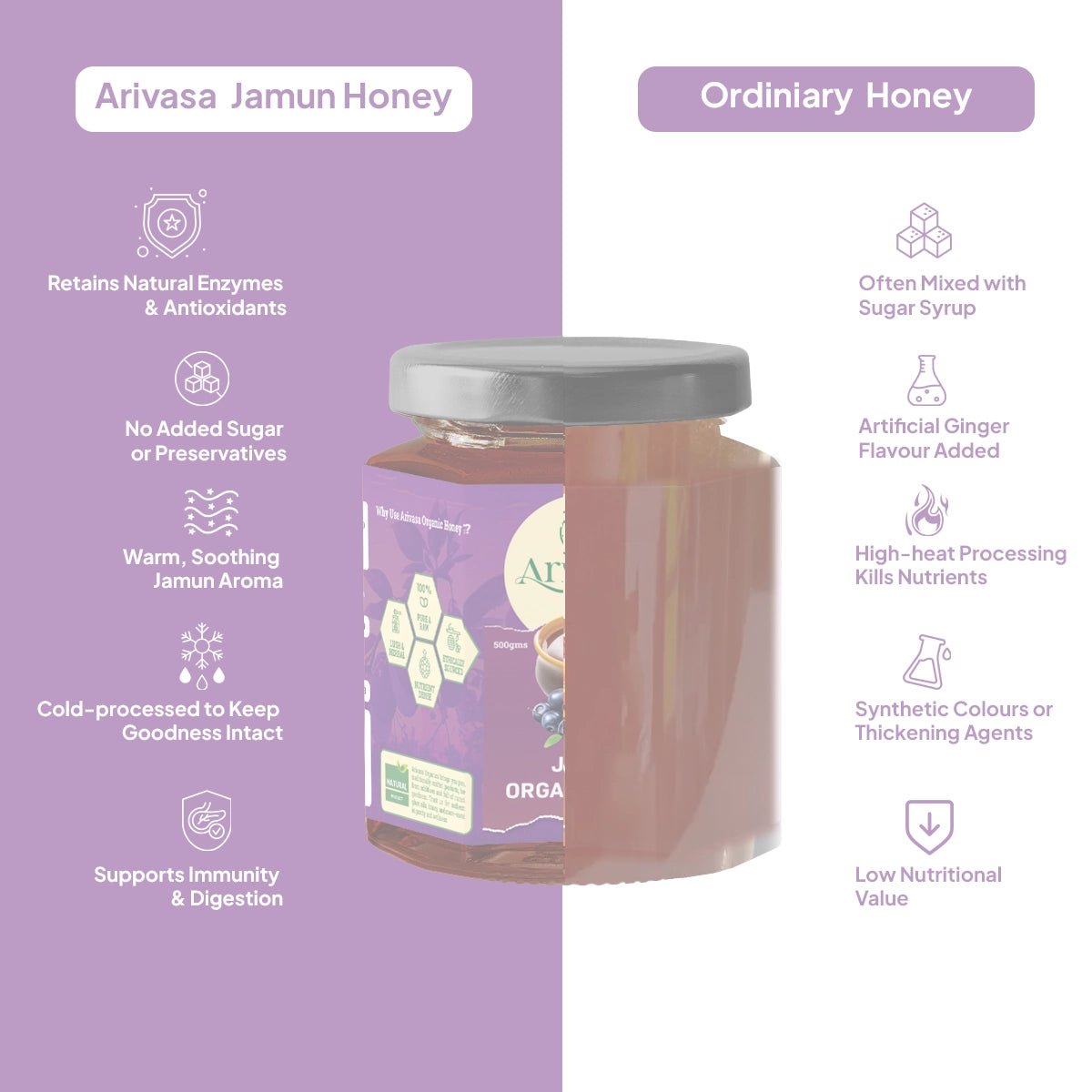 Jamun Organic Honey | Pure, Natural & Lab - Tested - Arivasa Organics - 500 gms - 