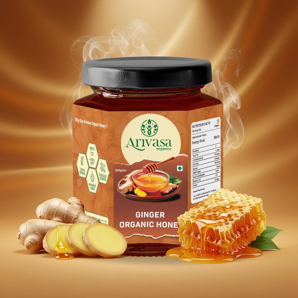 Organic Ginger Honey | Pure, Natural & Lab - Tested - Arivasa Organics - 500 gms - 