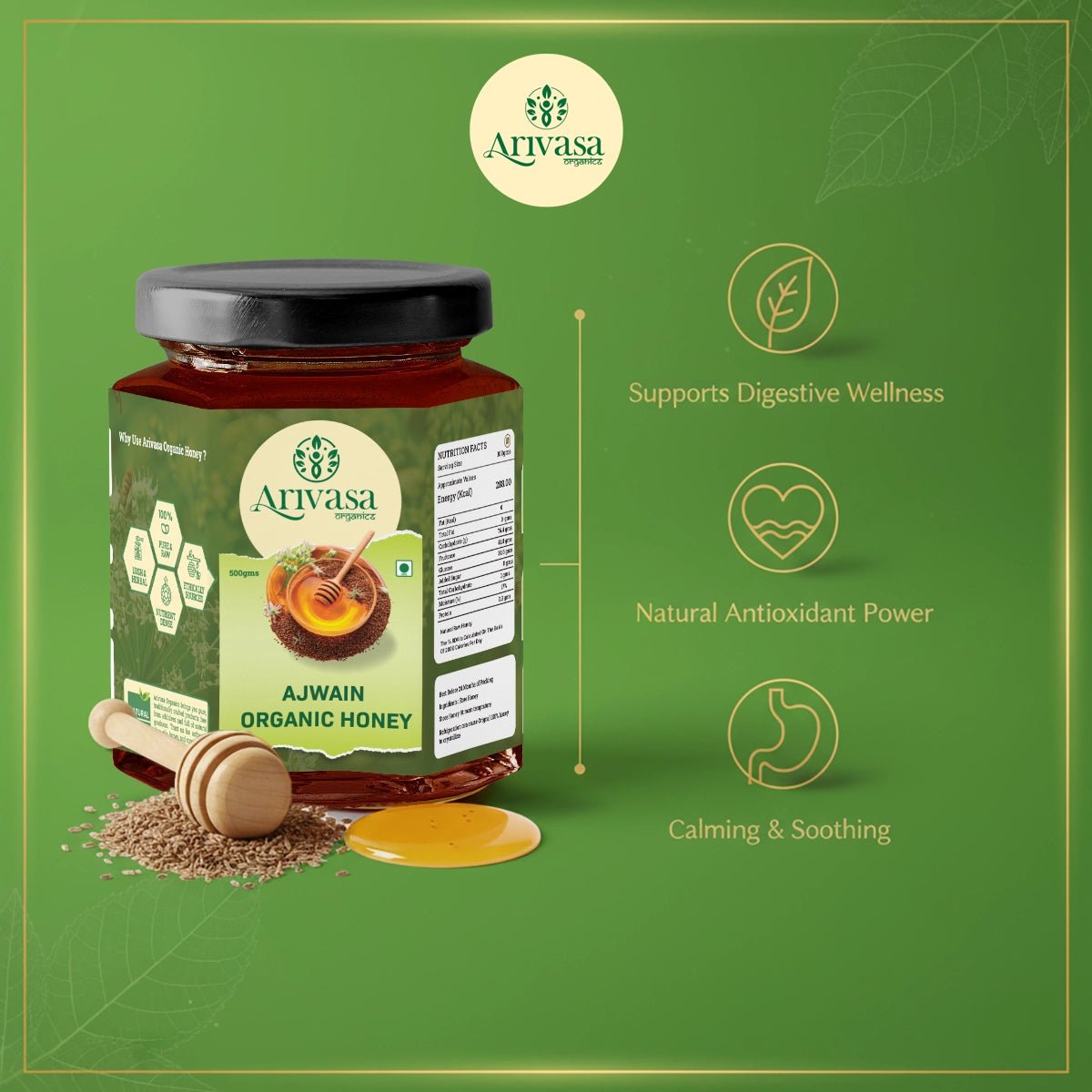 Ajwain Organic Honey | Natural, Pure & Lab - Tested - Arivasa Organics - 500 gms - 