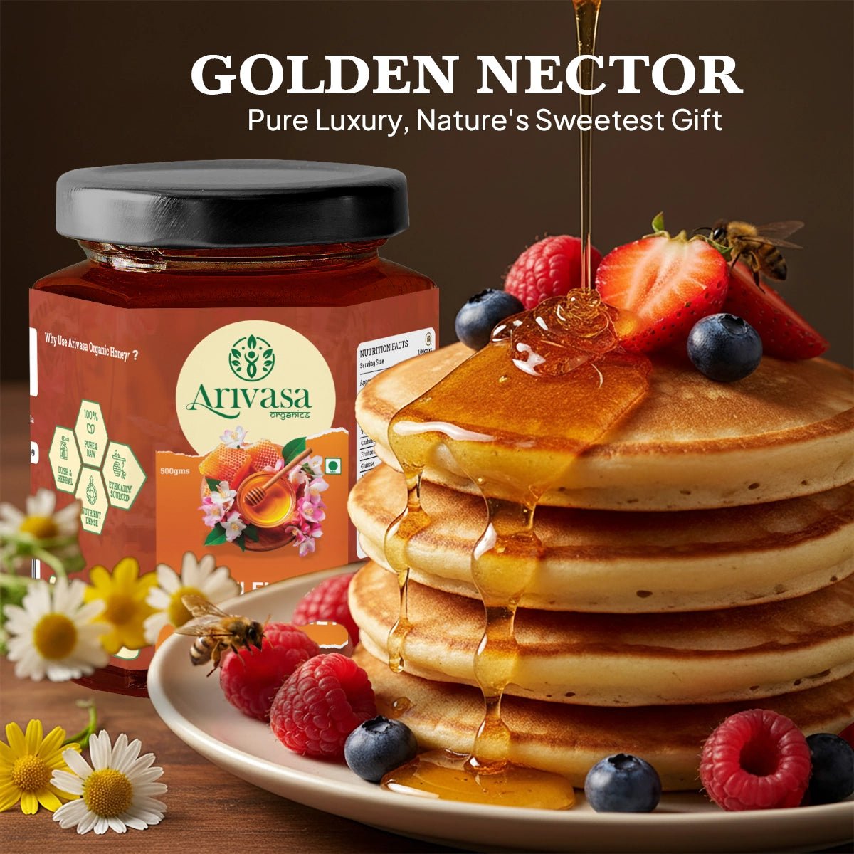 Organic Multi Floral Honey | Pure, Natural & Lab - Tested - Arivasa Organics - 500 gms - 