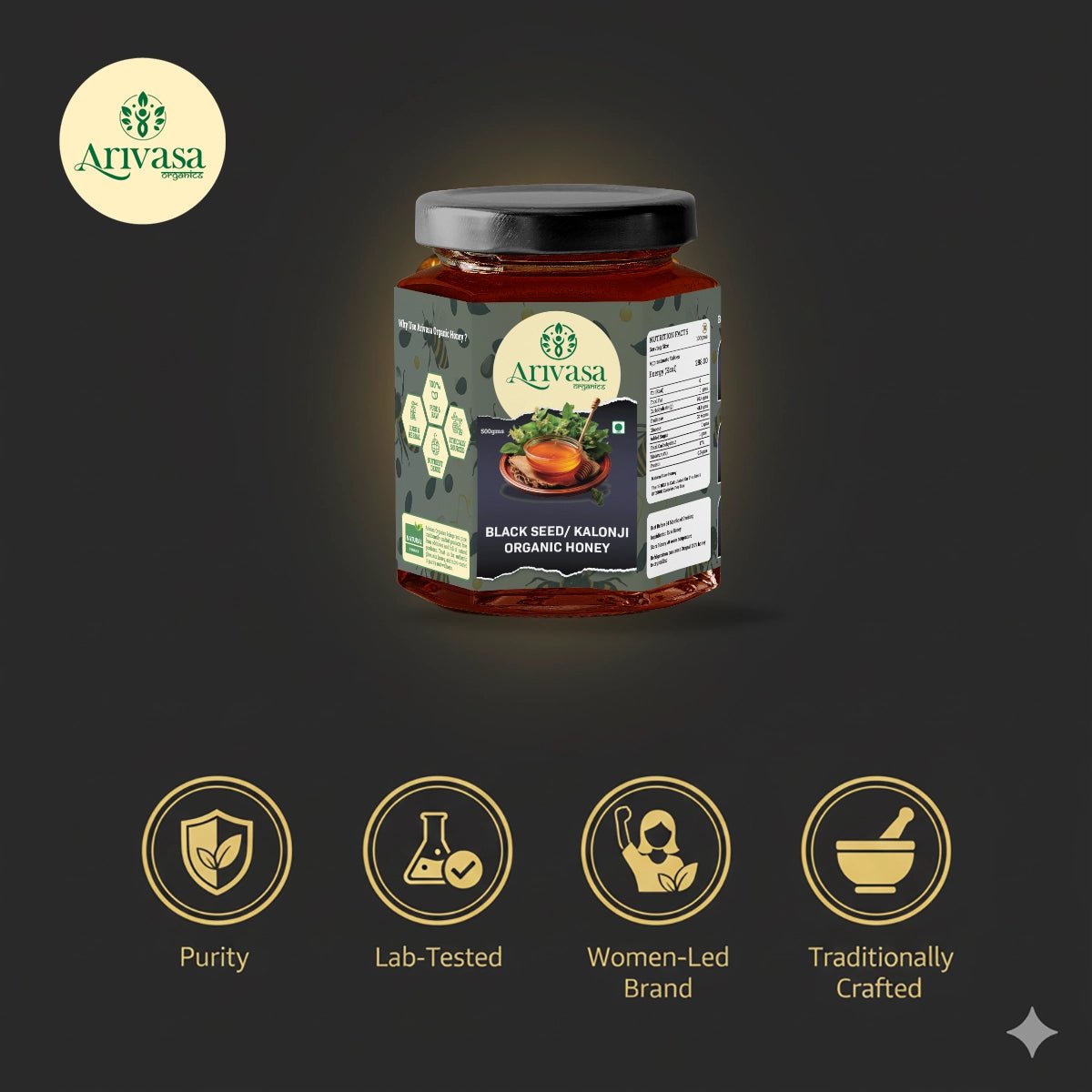 Arivasa Organics Blackseed/ Kalonji Honey | Pure, Raw & Unique - Arivasa Organics - 500 gms - 
