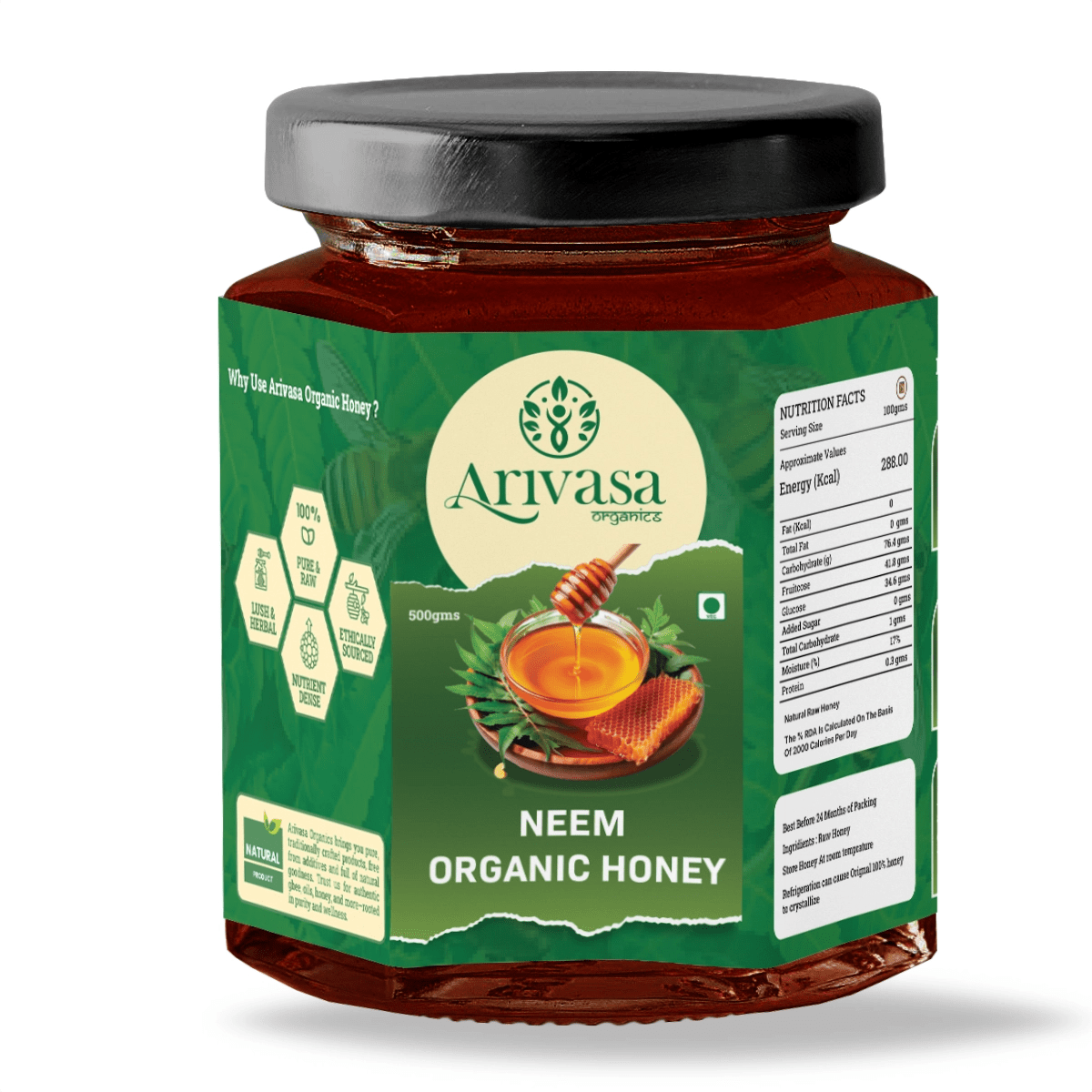 Neem Organic Honey | Pure, All - Natural & Lab - Tested - Arivasa Organics - 500 gms - 