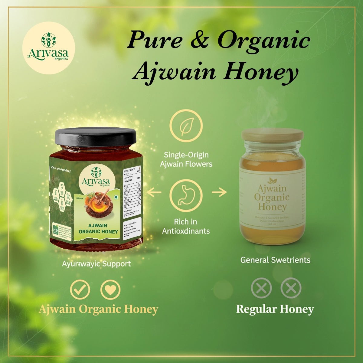 Ajwain Organic Honey | Natural, Pure & Lab - Tested - Arivasa Organics - 500 gms - 